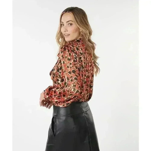 NWT Esqualo Leopard Print Tie Neck Blouse Red/Black Size‎ 6 Career Flirty - Picture 2 of 8